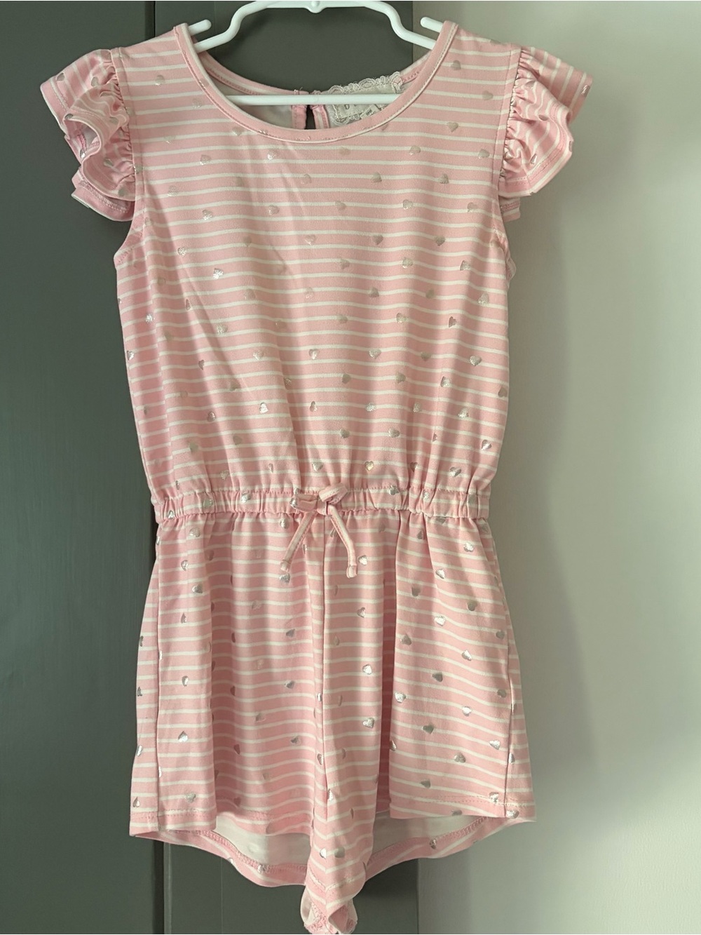 btween Pink and White Striped Romper with Silver Hearts